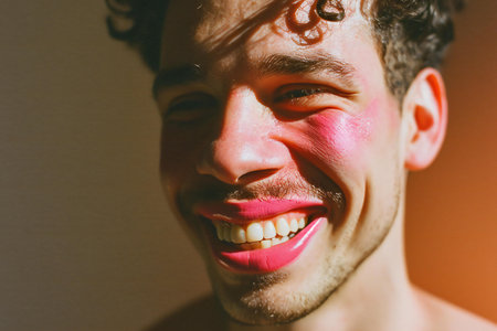 Portrait of a young man with pink lipstick on his lips.の素材