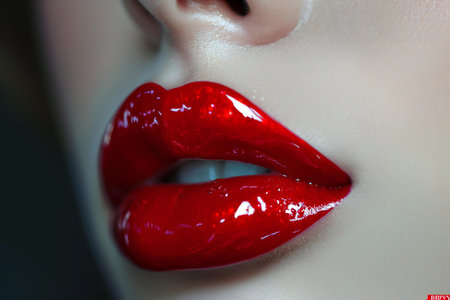 Closeup shot of beautiful female lips with red lipstick. Red lips make-upの素材