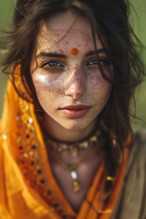 Portrait of a beautiful young indian woman with brown eyes and makeupの素材