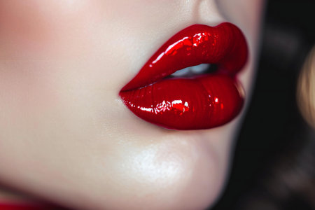 Closeup of beautiful woman's lips with red lipstick. Red lips make-up.の素材