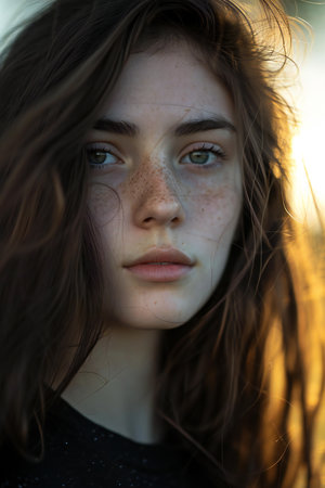 Portrait of a beautiful young girl with freckles on her faceの素材