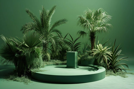green minimal display podium with palm tree and plants.の素材