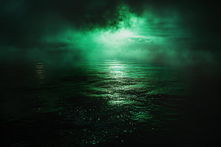 Beautiful view of the sea at night with a bright green lightの素材