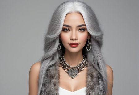 Fashion portrait of beautiful woman with silver jewelry. Hairstyle.の素材