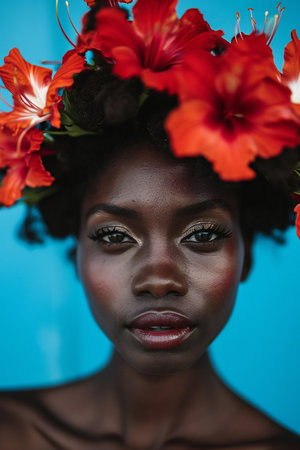 Portrait of a beautiful african woman with flowers in her hairの素材