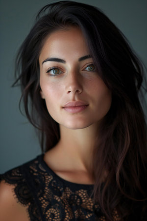 Portrait of a beautiful young brunette woman with brown eyes.の素材