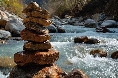 Stack of stones on the background of the mountain river. Zen conceptの素材