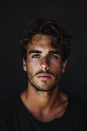 Portrait of a handsome young man on a dark background. Men's beauty, fashion.の素材