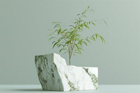 Plant on white marble pedestal.の素材