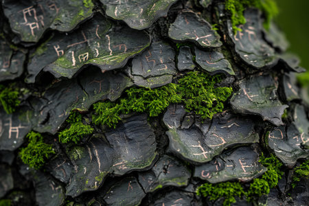 Close up of tree bark covered with green moss in the forest.の素材