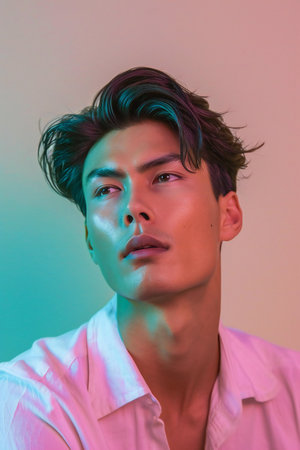 Portrait of a handsome young asian man in a pink shirtの素材