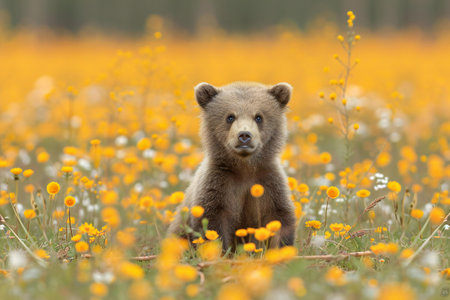 Brown bear cub on the field with yellow wildflowers in summerの素材