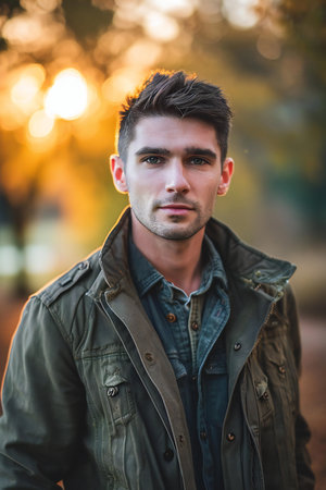 Handsome young man in a green jacket. Outdoor portrait.の素材