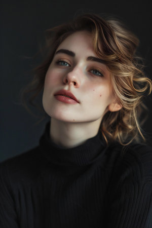 Portrait of a beautiful young woman with curly hair on a black backgroundの素材