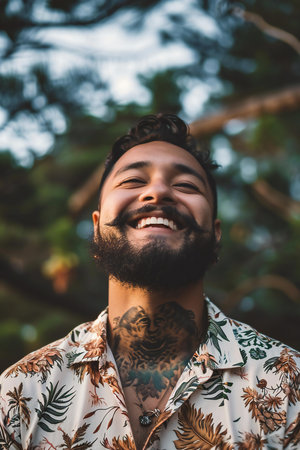 Portrait of a handsome young man with tattoos on his arms and smiling at the cameraの素材