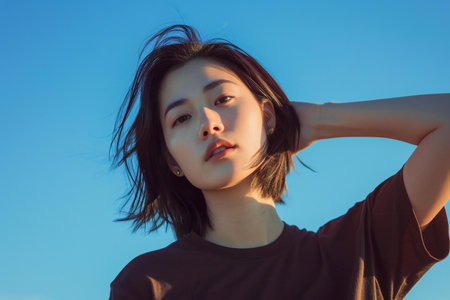Portrait of a beautiful young asian woman with blue sky backgroundの素材