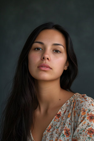 Portrait of a young beautiful brunette woman with long hair.の素材