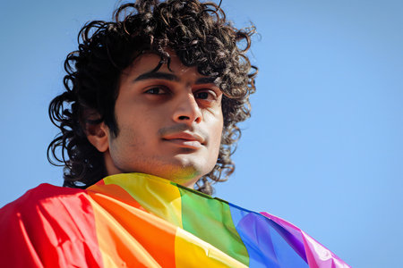 Portrait of a young man with a rainbow flag against blue skyの素材
