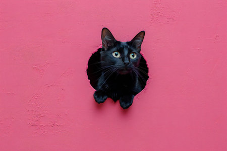 Black cat peeking out of a hole in a pink wall.の素材