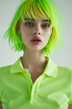 Portrait of a beautiful girl with green hair in a green shirtの素材