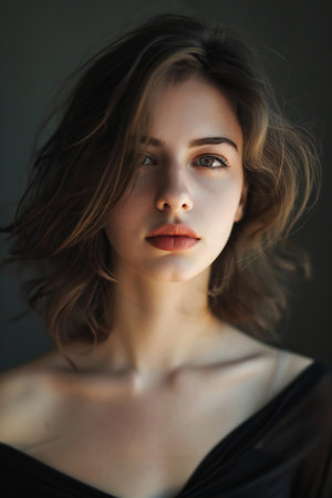 Portrait of a beautiful girl with long hair in a black dressの素材