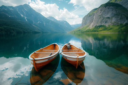 Wooden boats on the shore of the fjord in Norwayの素材