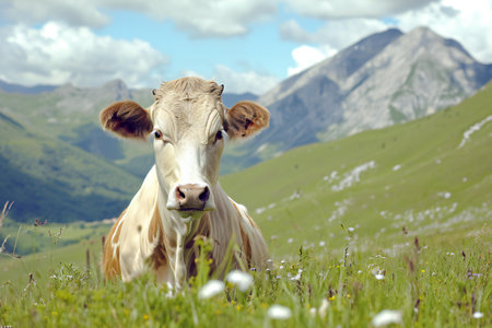 Cow on the alpine meadow with camomiles and mountains in the backgroundの素材