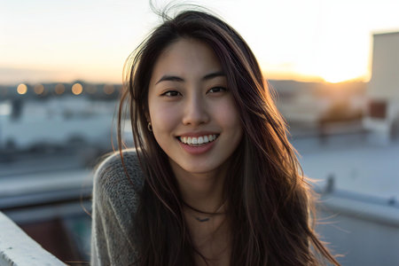 Portrait of a beautiful young asian woman smiling and looking at cameraの素材