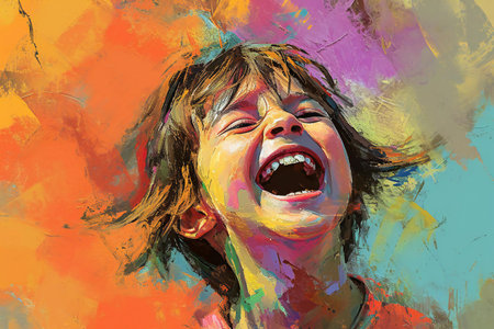 Portrait of a young girl screaming on colorful background. Digital painting.の素材