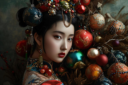 Beautiful asian woman in kimono with christmas ballsの素材