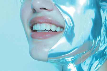 Closeup of young woman with white teeth in silver latex mask.の素材