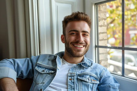 Handsome young man sitting near window in cafe and smiling.の素材