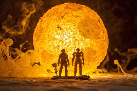 War Concept. Military silhouettes fighting scene on war fog sky background, World War Soldiers Silhouettes Below Cloudy Skyline At night. Attack scene. Armored vehiclesの素材