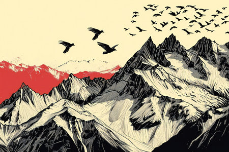 Mountain landscape with birds. Hand drawn illustration in sketch style.の素材