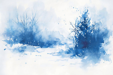 Winter landscape with trees and snow. Watercolor painting. Hand drawn illustration.の素材