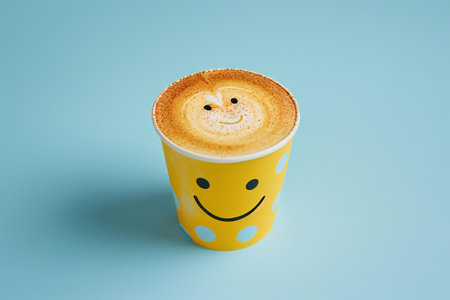 Cup of cappuccino with smiley face on blue backgroundの素材
