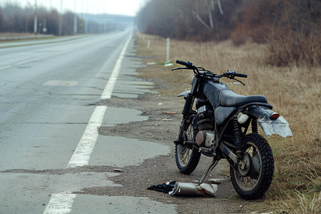 Motorcycle accident on the road. Motorcycle with broken wheel.の素材