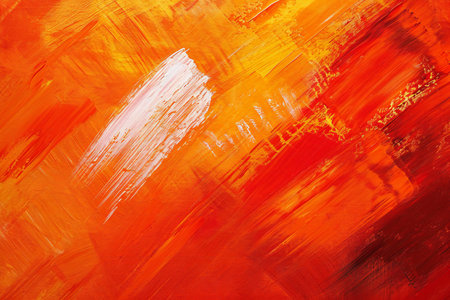 Abstract orange and red brushstrokes painted on canvas. Texture.の素材