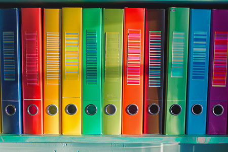 Colorful binders on shelf in office, close-up.の素材