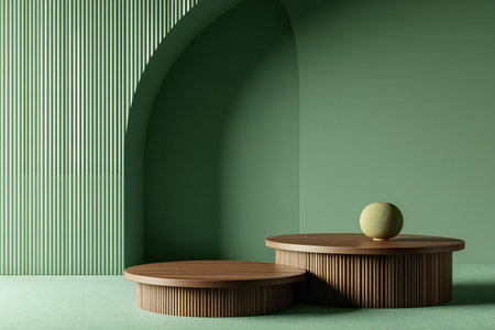 Minimalist abstract scene with podium and green wall.の素材