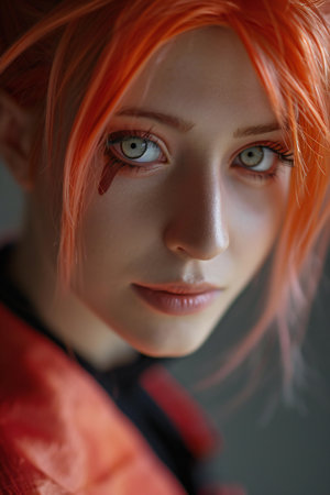 Close-up portrait of a beautiful red-haired girl with freckles on her faceの素材