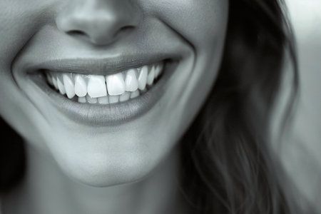 Close-up of smiling young woman with healthy white teeth, dental care conceptの素材