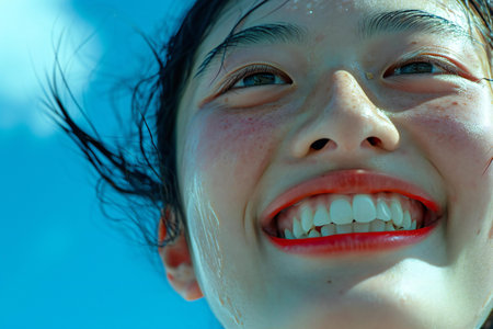 Close-up portrait of a smiling girl on a sunny day.の素材