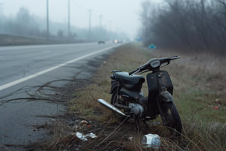 Abandoned motorcycle on the road in the foggy morning.の素材