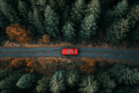 Aerial view of a red car on the road in the forestの素材