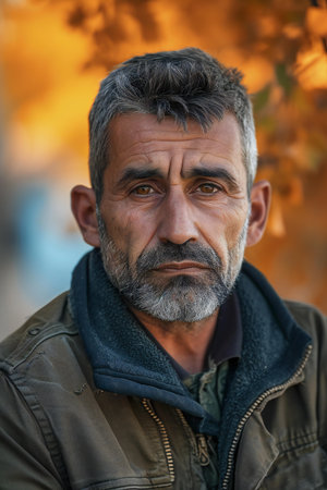 Portrait of a middle-aged man in the autumn park.の素材