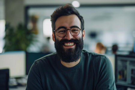 Portrait of a handsome young man with beard and eyeglasses smiling at camera in officeの素材