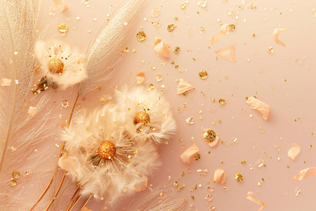 Beautiful golden feathers and confetti on light background, flat layの素材