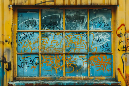 Abandoned building with graffiti on the windows. Urban scene.の素材