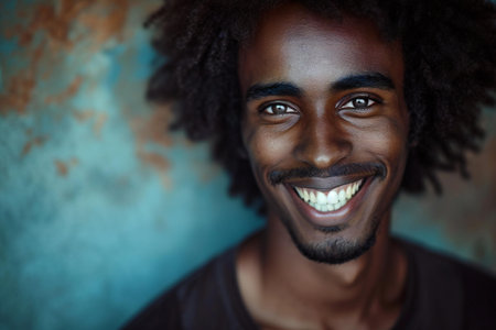 Portrait of young african american man smiling against grunge backgroundの素材